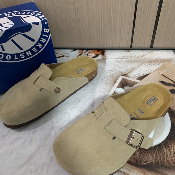 Birkenstock Boston Bs Leather Suede Soft Footbed Taupe Color Narrow - Picture 4 of 5